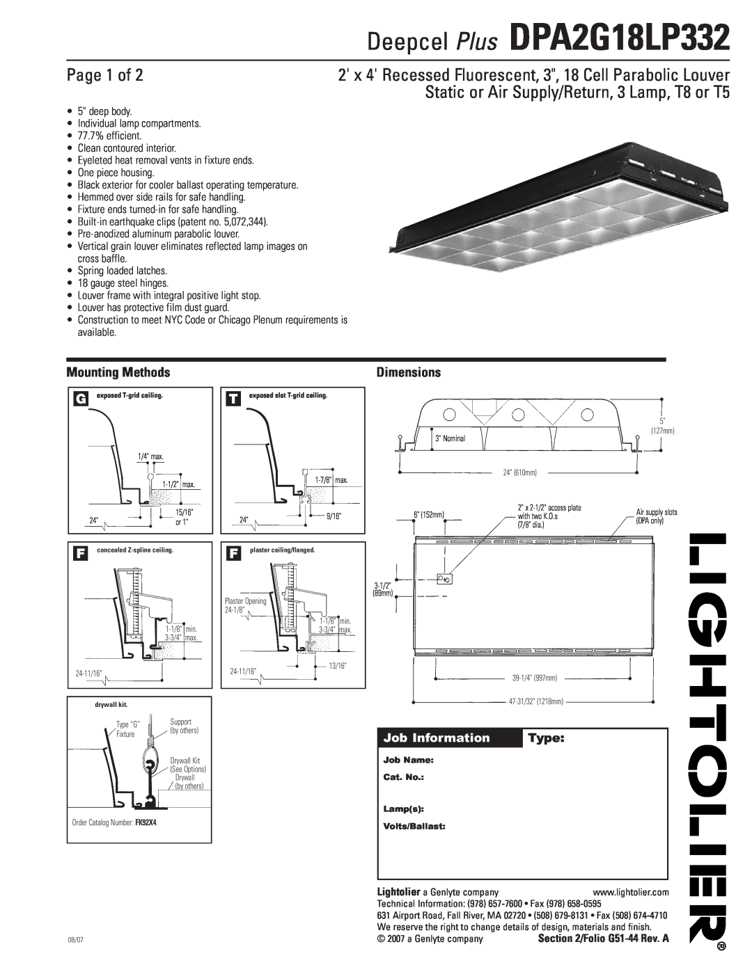 Lightolier DPA2G18LP332 dimensions Page 1 of, Static or Air Supply/Return, 3 Lamp, T8 or T5, Mounting Methods, Dimensions 