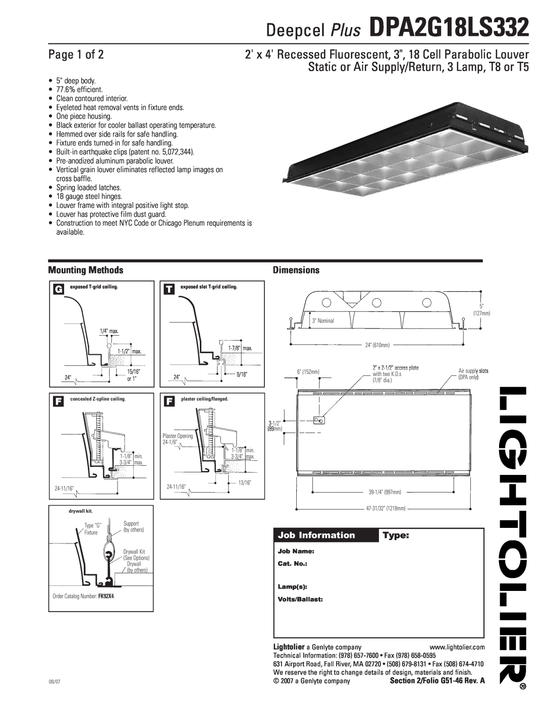 Lightolier DPA2G18LS332 dimensions Page 1 of, Static or Air Supply/Return, 3 Lamp, T8 or T5, Mounting Methods, Dimensions 