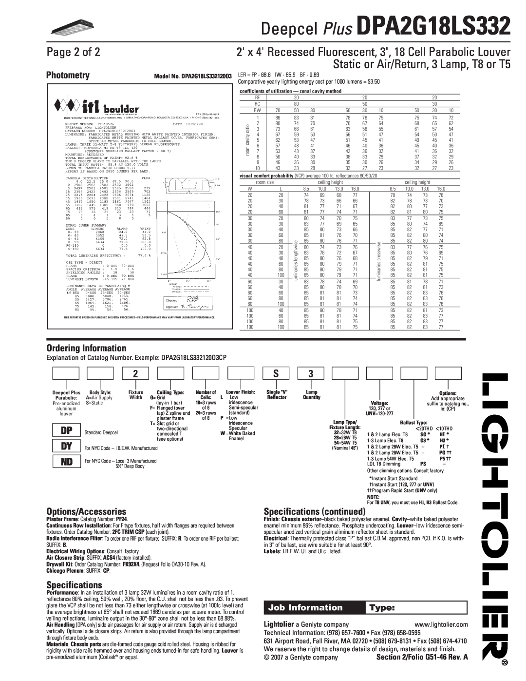 Lightolier DPA2G18LS332 Page 2 of, Photometry, Ordering Information, Options/Accessories, Specifications continued, Type 