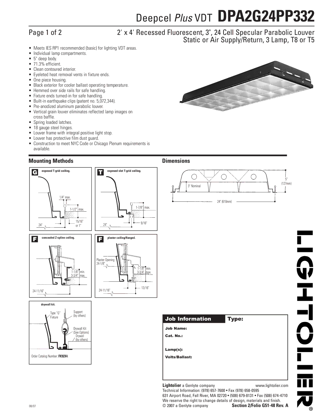 Lightolier DPA2G24PP332 dimensions Mounting Methods, Dimensions 