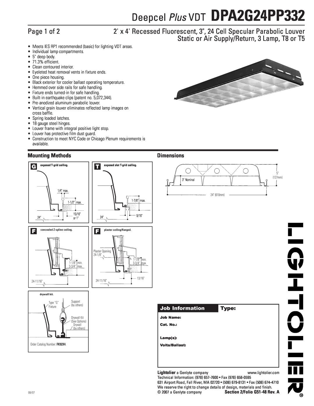 Lightolier dimensions Deepcel Plus VDT DPA2G24PP332, Page 1 of, Static or Air Supply/Return, 3 Lamp, T8 or T5, Type 
