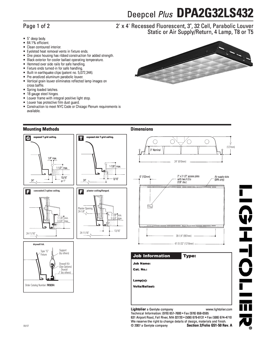 Lightolier DPA2G32LS432 dimensions Page 1 of, Static or Air Supply/Return, 4 Lamp, T8 or T5, Mounting Methods, Dimensions 