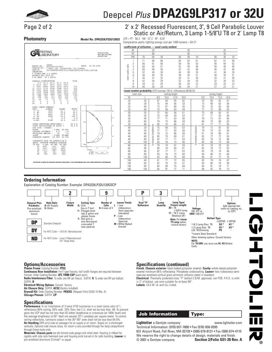 Lightolier DPA2G9LP317 dimensions Photometry, Ordering Information, Options/Accessories, Specifications 