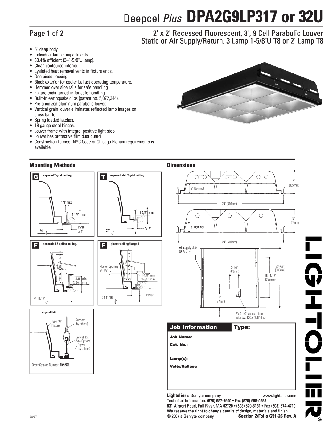Lightolier dimensions Page 1 of, Mounting Methods, Dimensions, Type, Deepcel Plus DPA2G9LP317 or 32U, Job Information 
