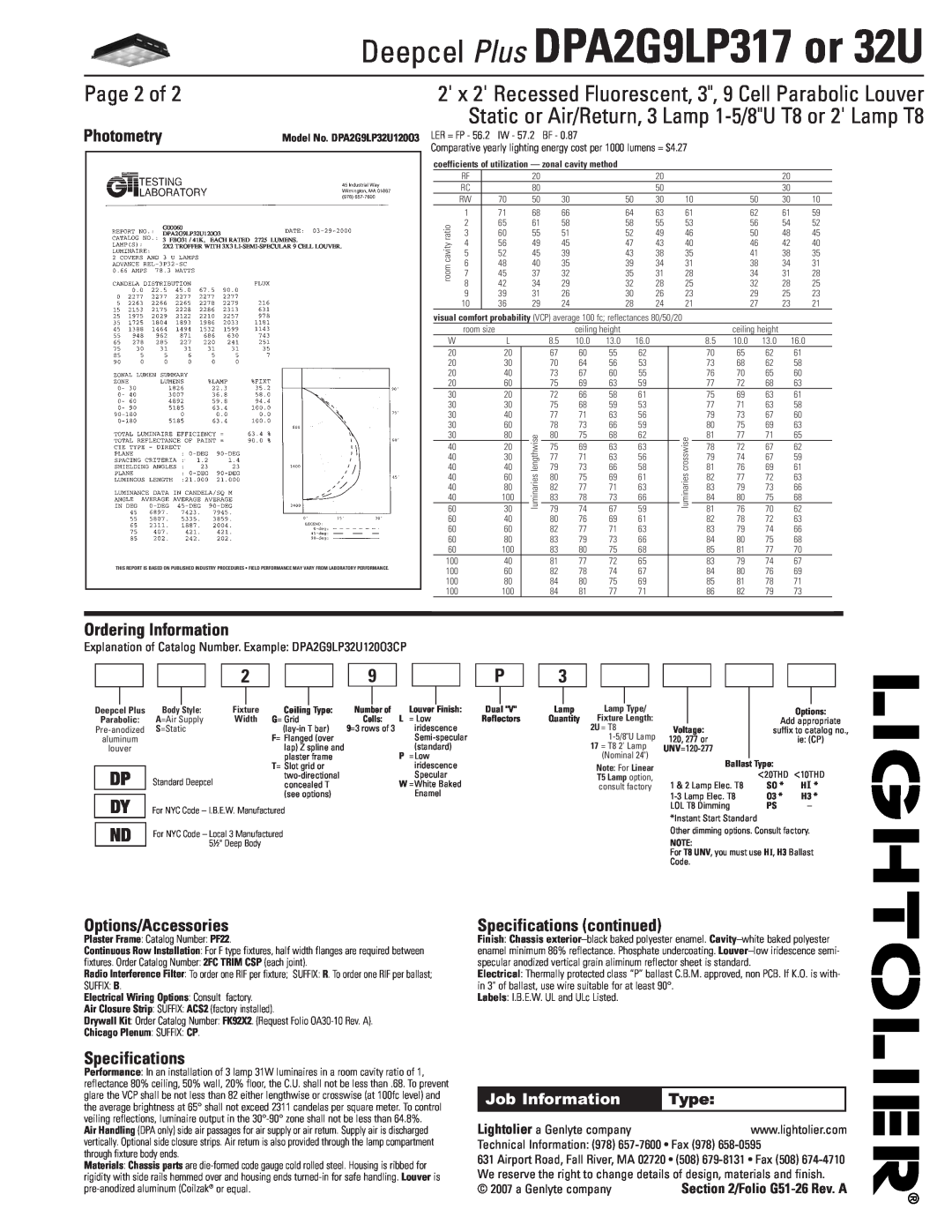 Lightolier DPA2G9LP317 Page 2 of, Photometry, Ordering Information, Options/Accessories, Specifications continued, Type 