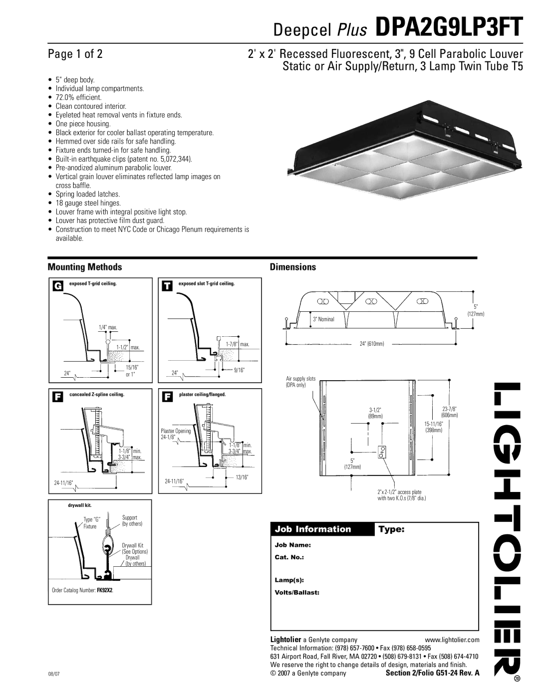 Lightolier DPA2G9LP3FT dimensions Mounting Methods, Dimensions, Job Name Cat. No Lamps Volts/Ballast, Folio G51-24 Rev. a 