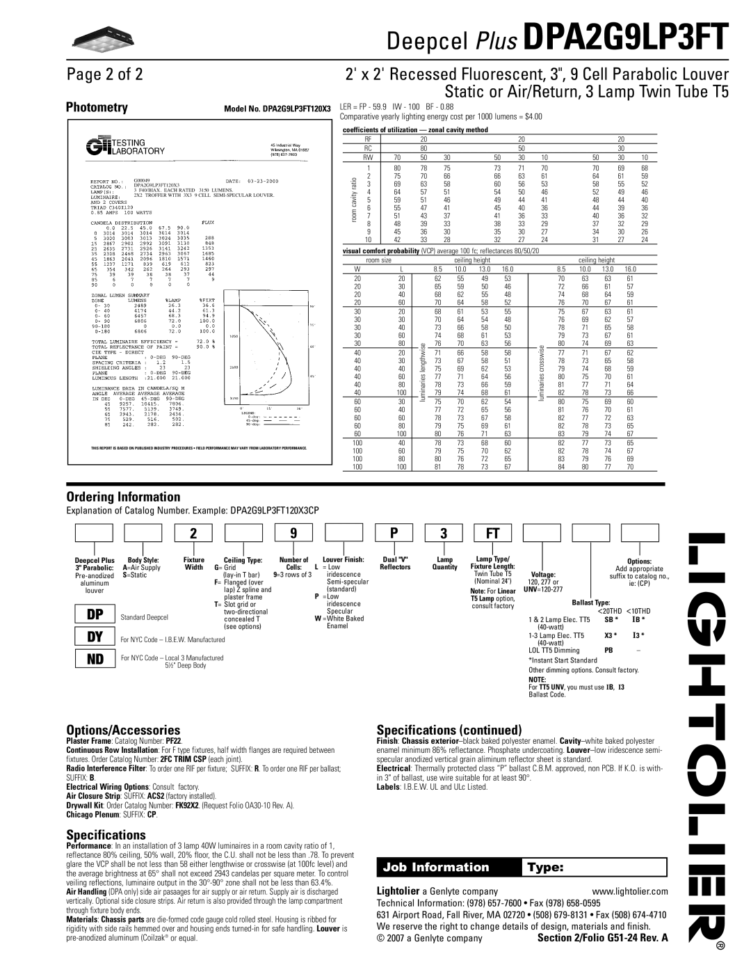 Lightolier DPA2G9LP3FT dimensions Photometry, Ordering Information, Options/Accessories, Specifications 