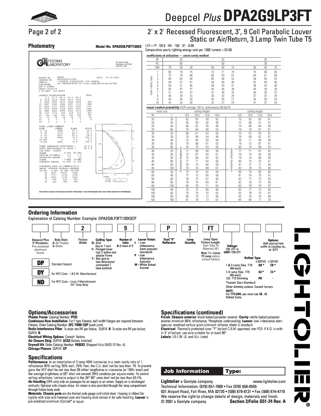 Lightolier DPA2G9LP3FT Page 2 of, Photometry, Ordering Information, Options/Accessories, Specifications, Dp Dy Nd, Type 