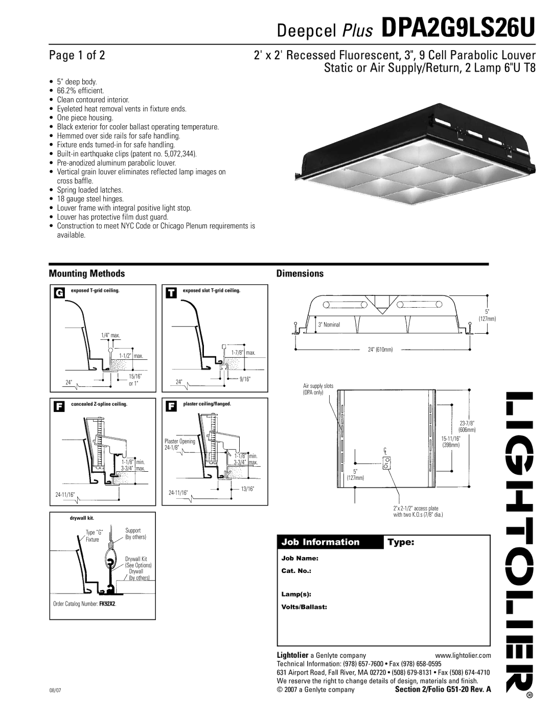 Lightolier DPA2G9LS26U dimensions Mounting Methods, Dimensions, Job Name Cat. No Lamps Volts/Ballast, Folio G51-20 Rev. a 