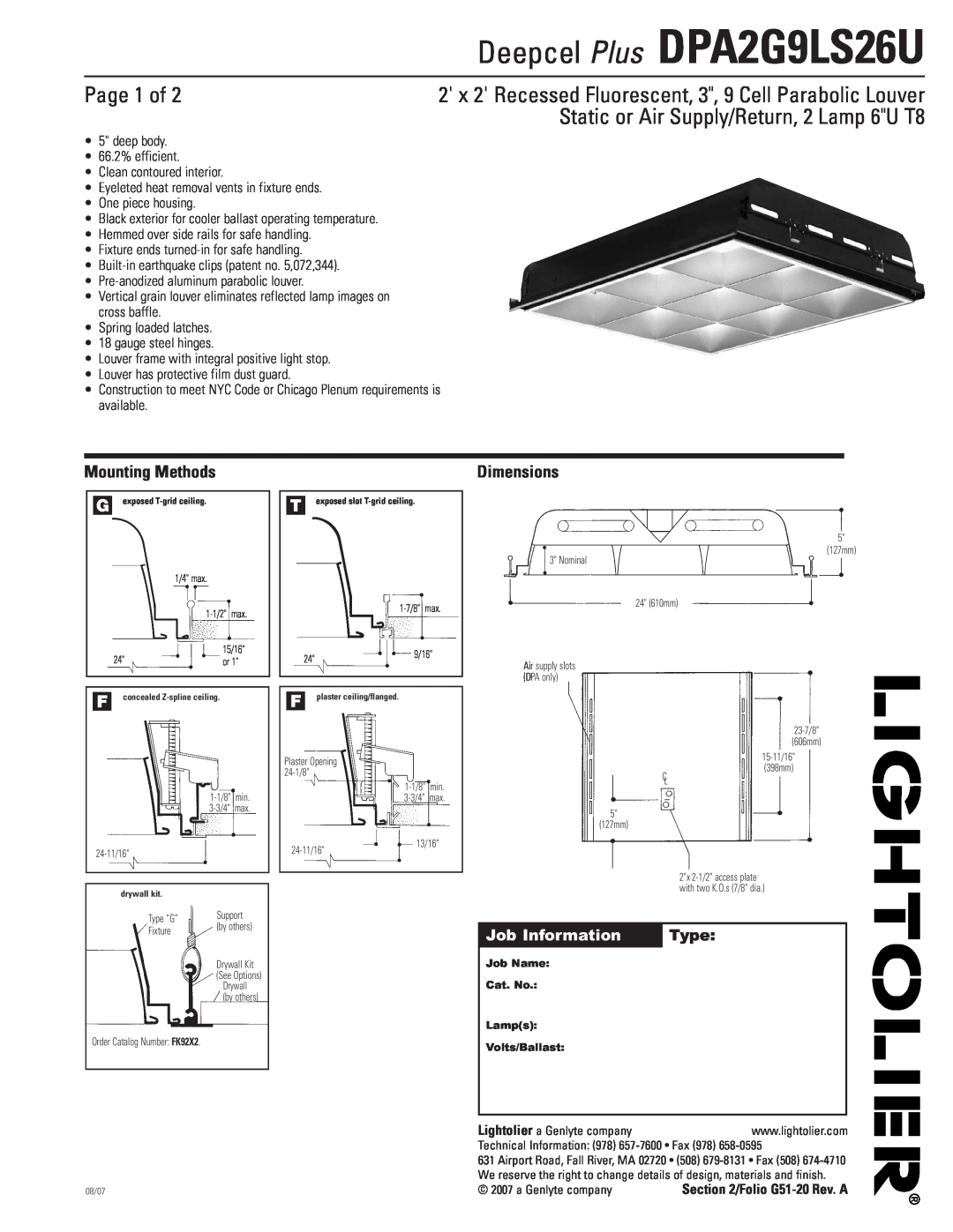 Lightolier DPA2G9LS26U dimensions Page 1 of, Static or Air Supply/Return, 2 Lamp 6U T8, Mounting Methods, Dimensions, Type 