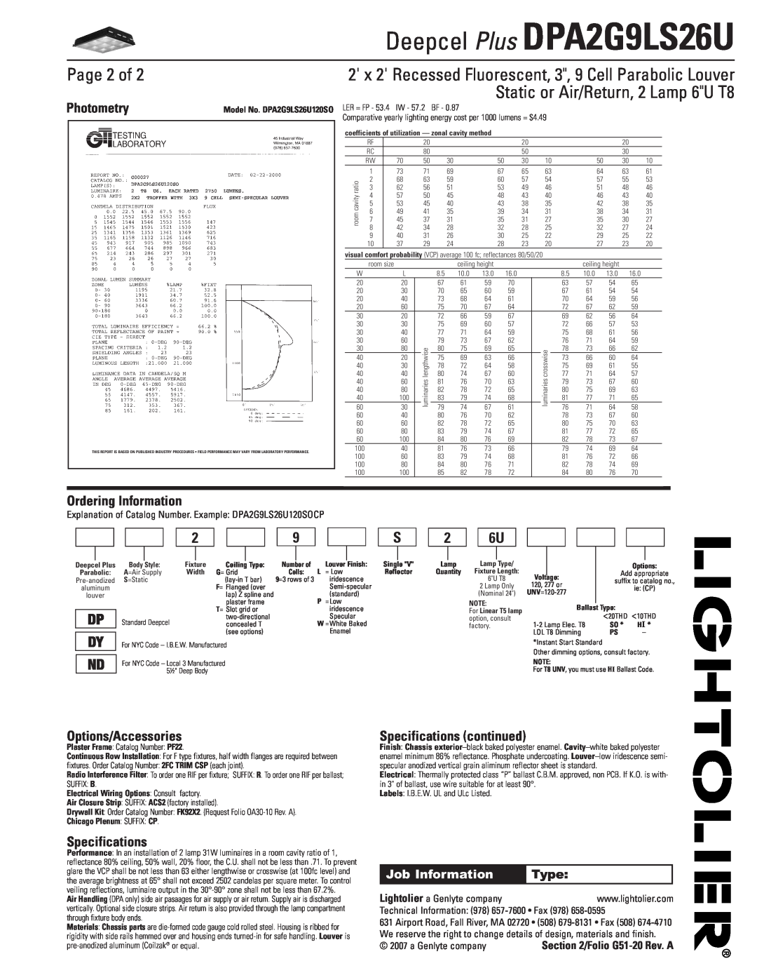 Lightolier DPA2G9LS26U Page 2 of, Photometry, Ordering Information, Options/Accessories, Specifications continued, 2 6U 
