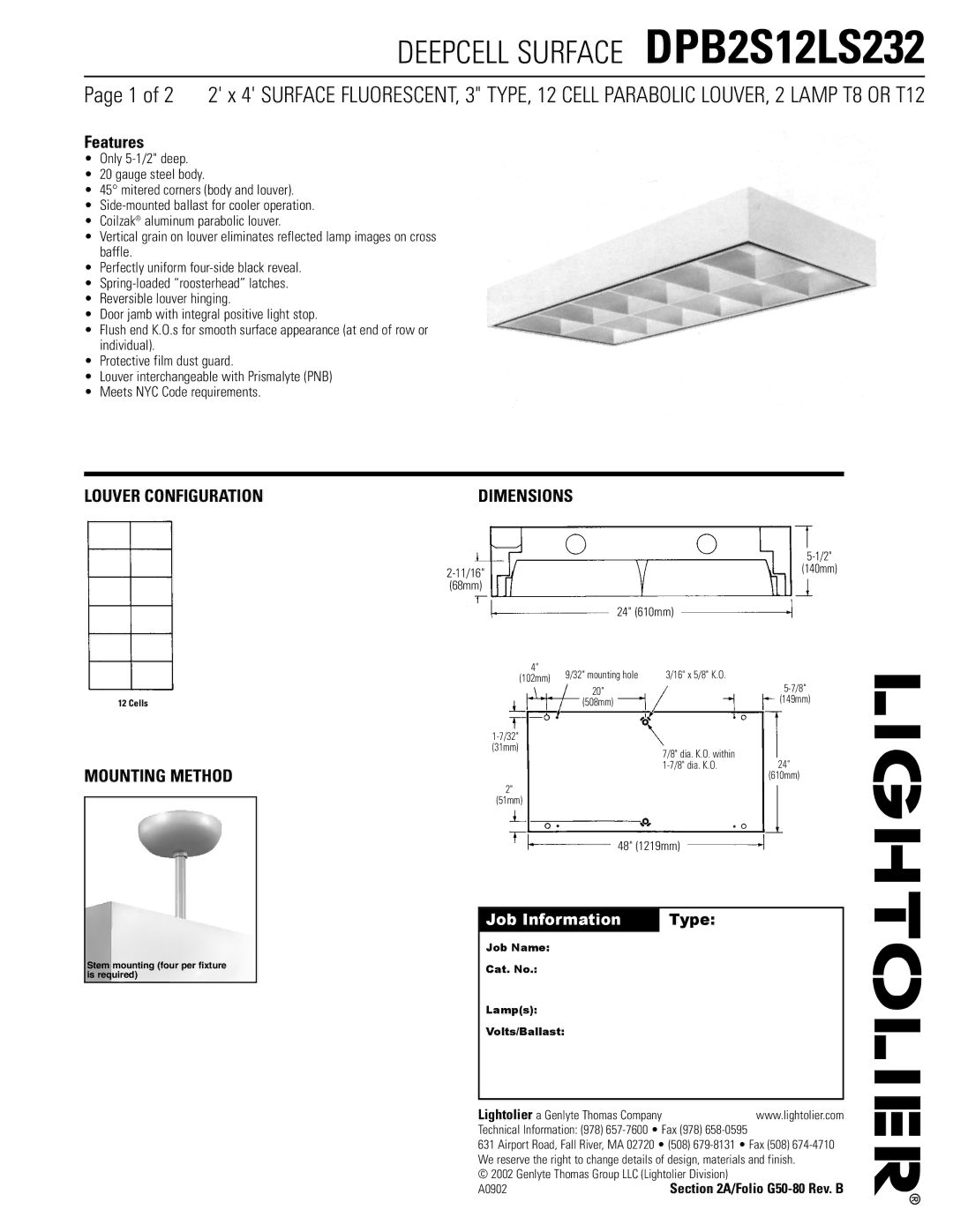 Lightolier DPB2S12LS232 dimensions Louver Configuration, Mounting Method, Dimensions, Job Information Type 