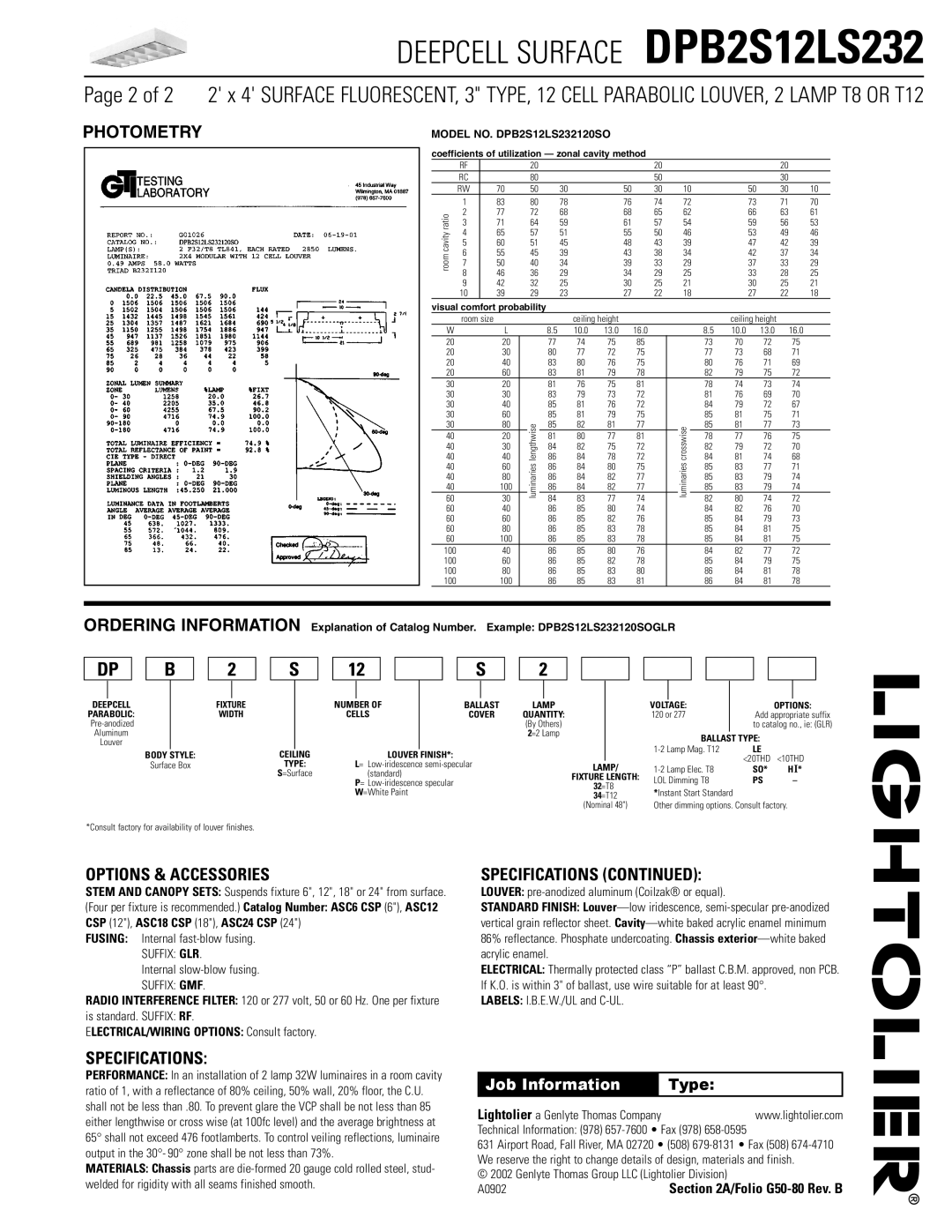 Lightolier DPB2S12LS232 dimensions Options & Accessories, Specifications, Job Information 