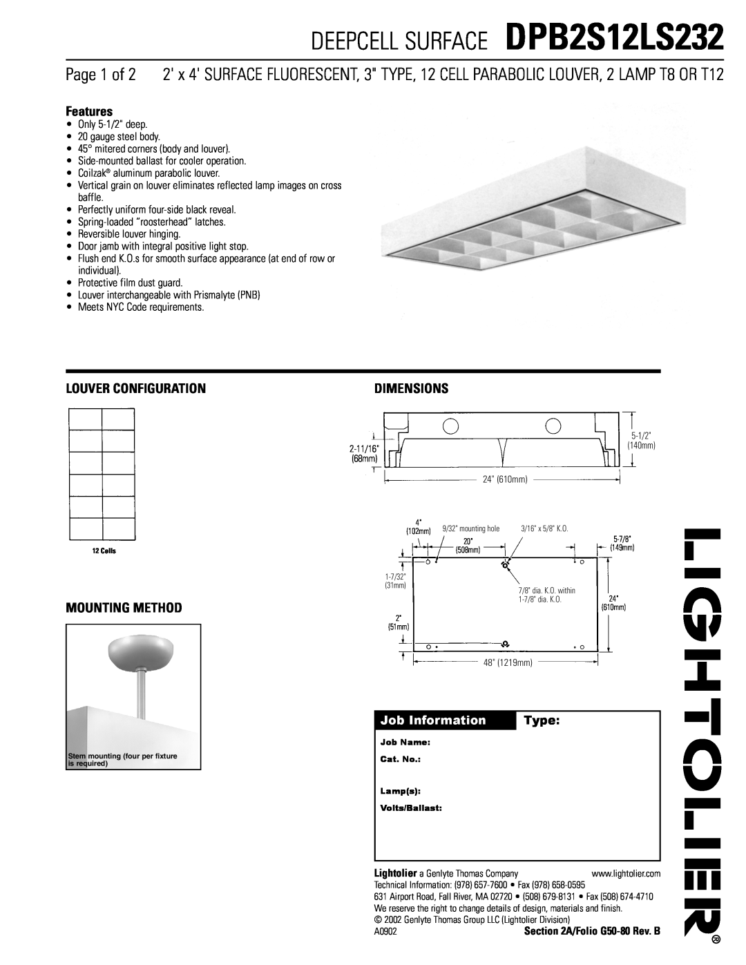 Lightolier dimensions DEEPCELL SURFACE DPB2S12LS232, Features, Louver Configuration, Mounting Method, Dimensions, Type 