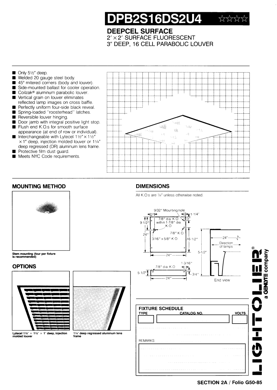 Lightolier DPB2S16DS2U4 dimensions Deepcel Surface, Mounting Method, Options, Dimensions, A/ Folio G50-85 