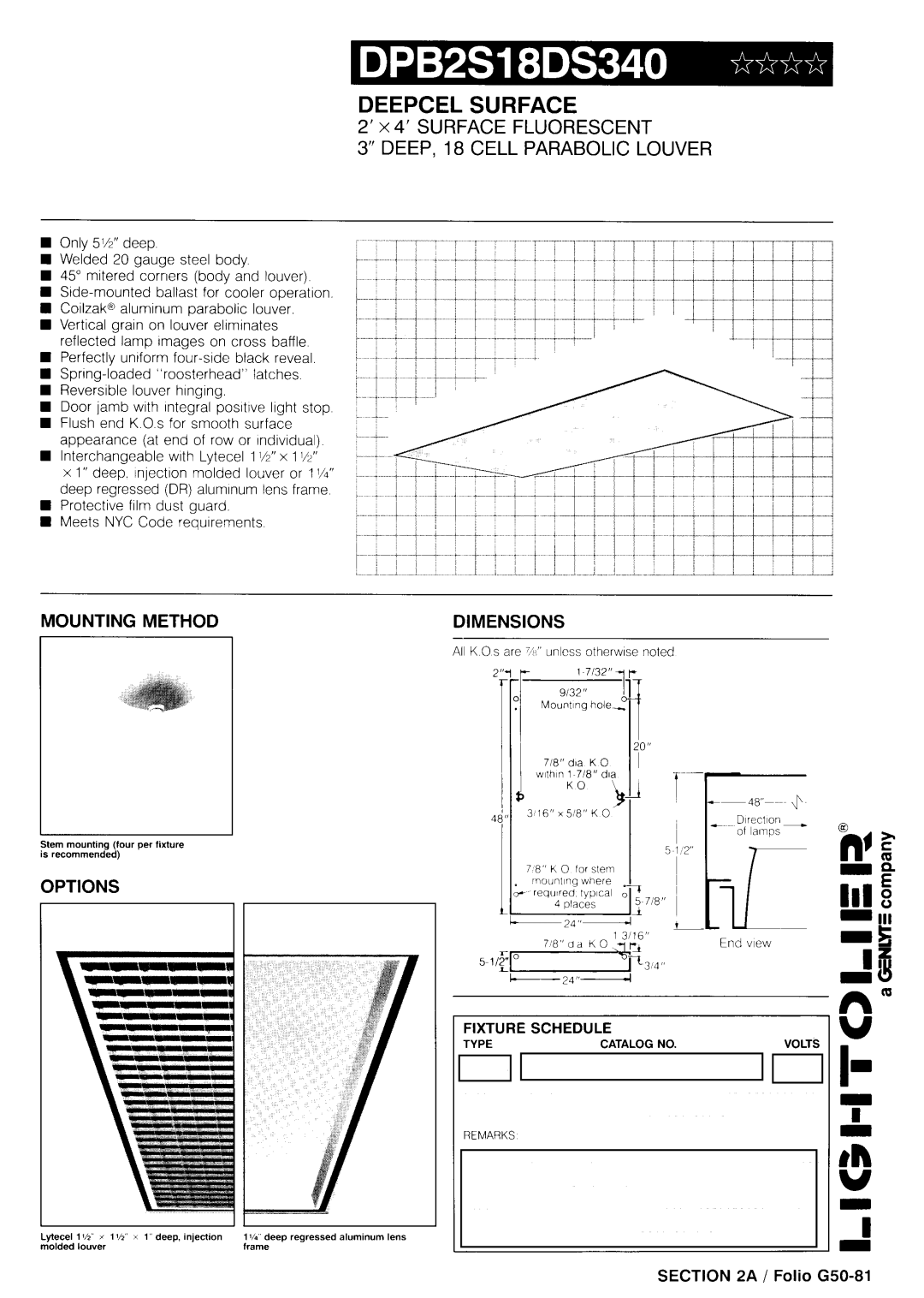 Lightolier DPB2S18DS340 dimensions Mounting Method, Options, Dimensions, Remarks 