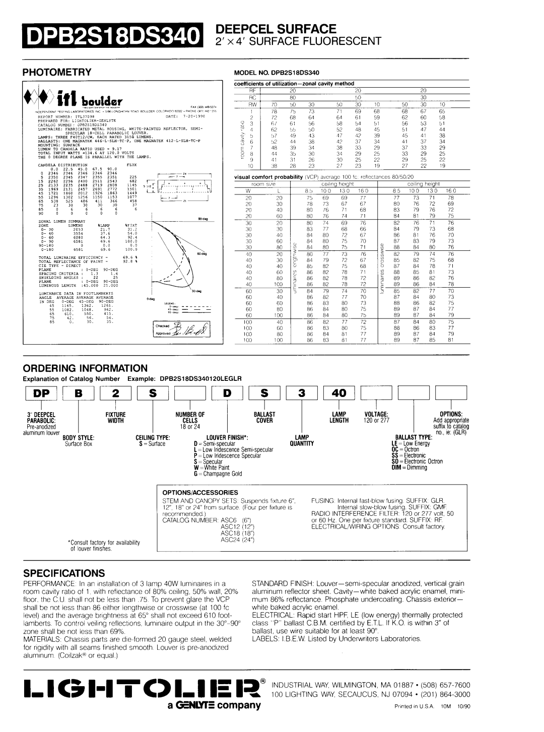 Lightolier DPB2S18DS340 dimensions Ordering Information, Specifications, Booystyle Ceilingtype Louverfinish Lamp, Quantin 