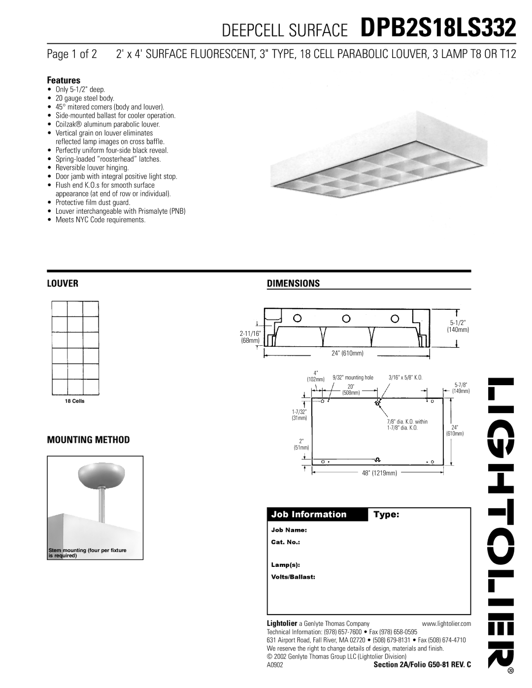 Lightolier DPB2S18LS332 dimensions Features, Louver, Mounting Method, Dimensions, Job Information Type 