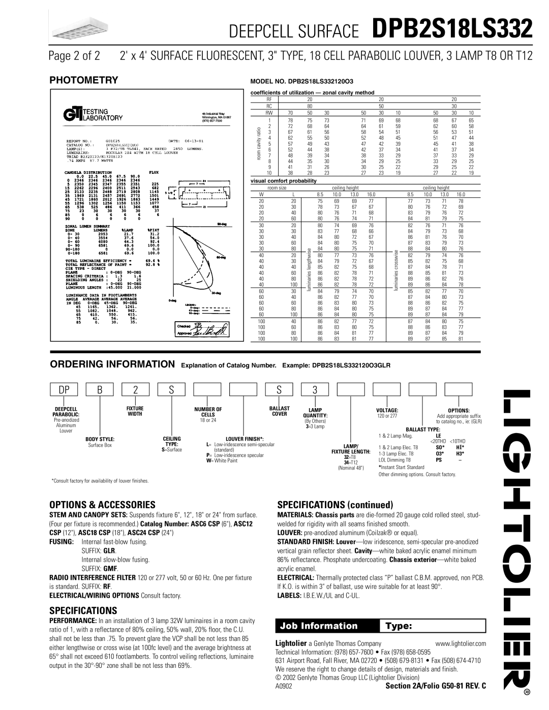 Lightolier DPB2S18LS332 dimensions Photometry, Options & Accessories, Specifications, Job Information 