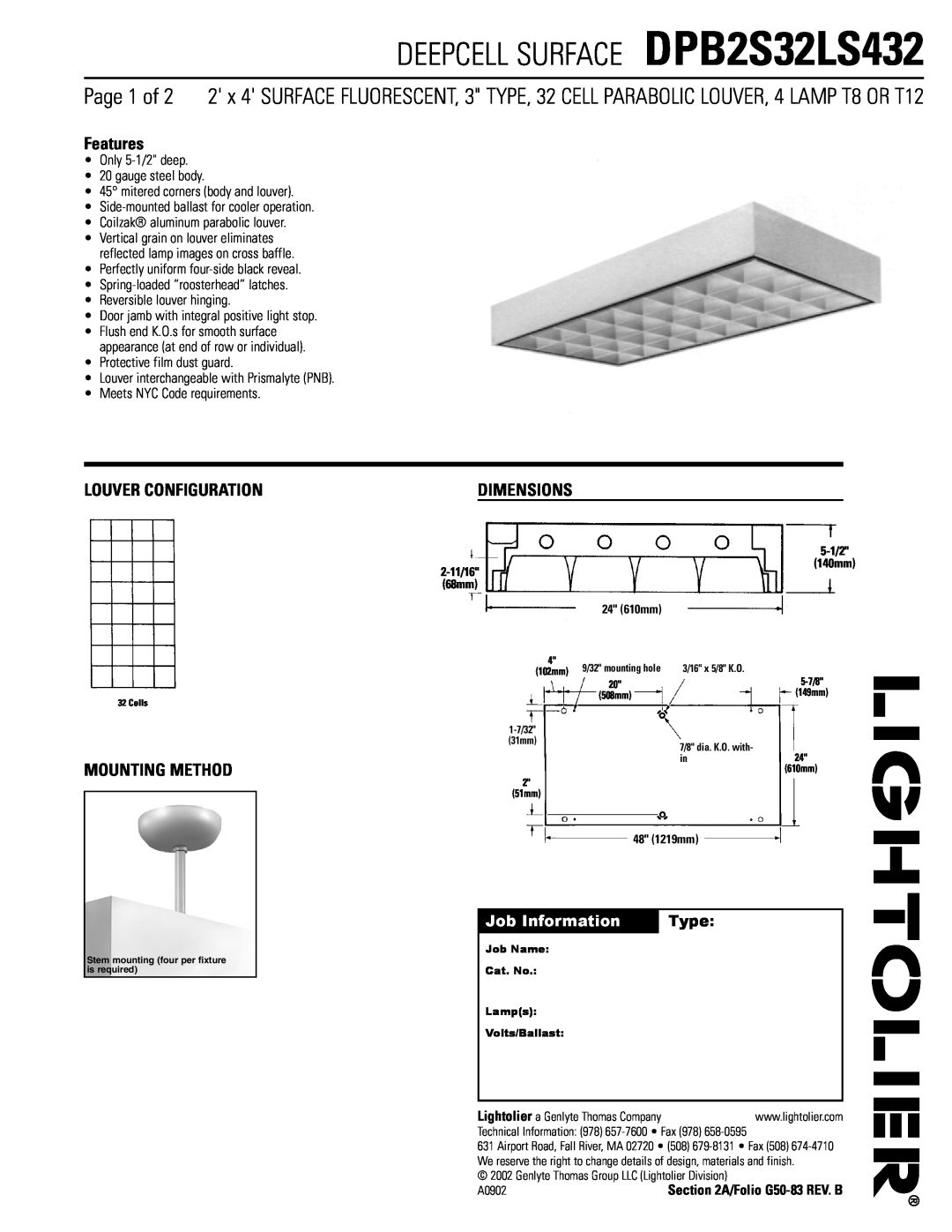 Lightolier dimensions DEEPCELL SURFACE DPB2S32LS432, Features, Louver Configuration, Dimensions, Mounting Method, Type 