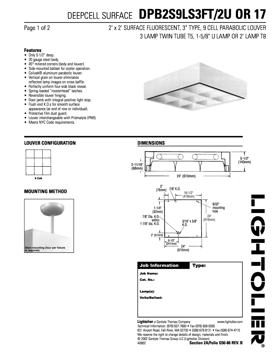 Lightolier dimensions DEEPCELL SURFACE DPB2S9LS3FT/2U OR, Page 1 of, LAMP TWIN TUBE T5, 1-5/8U LAMP OR 2 LAMP T8, Type 