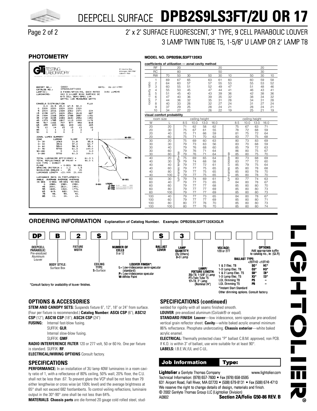 Lightolier DPB2S9LS3FT/2U Page 2 of, Photometry, Options & Accessories, Specifications, SPECIFICATIONS continued, Type 