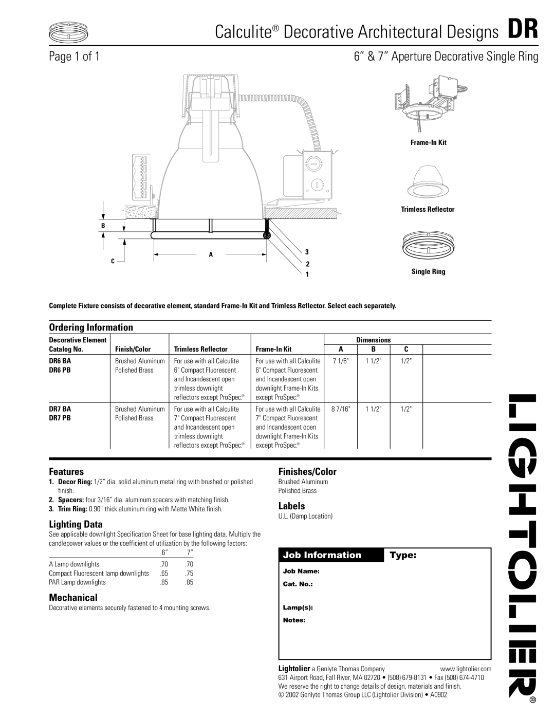 Lightolier specifications Calculite Decorative Architectural Designs DR, Aperture Decorative Single Ring 