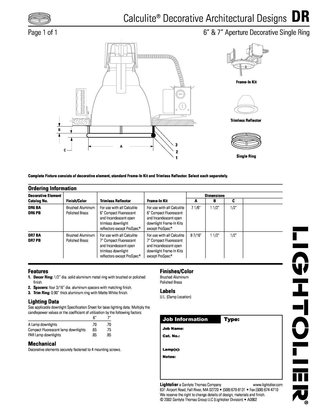 Lightolier specifications Calculite Decorative Architectural Designs DR, Page 1 of, Ordering Information, Features 