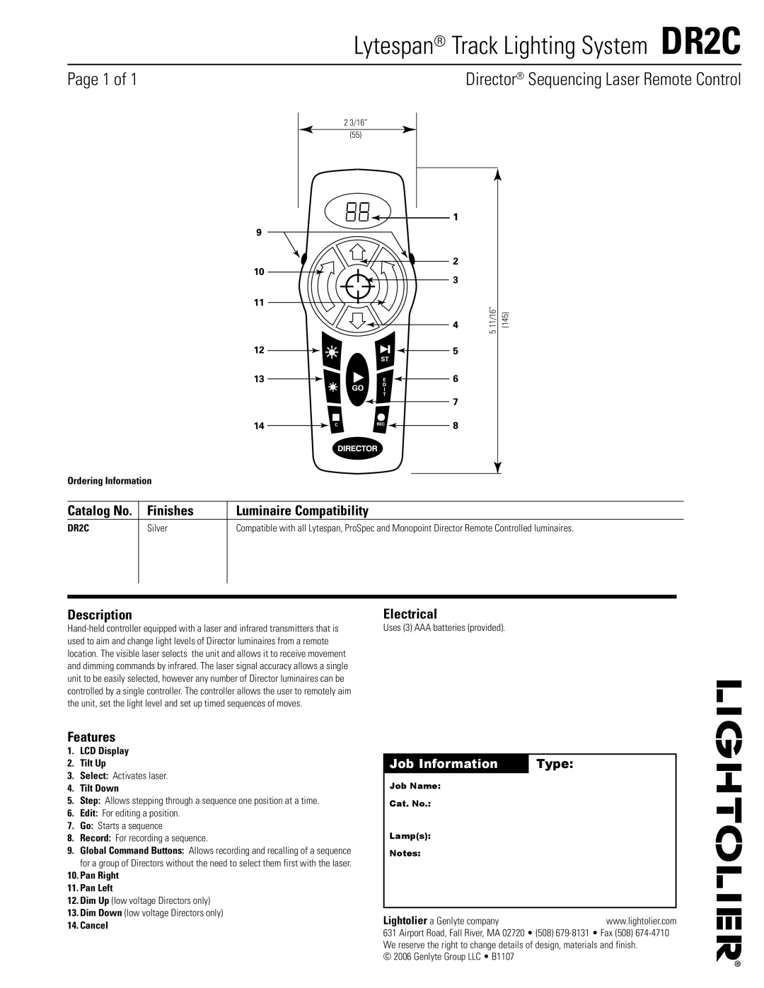 Lightolier DR2C manual Lytespan Track Lighting System dr2c, Director Sequencing Laser Remote Control 