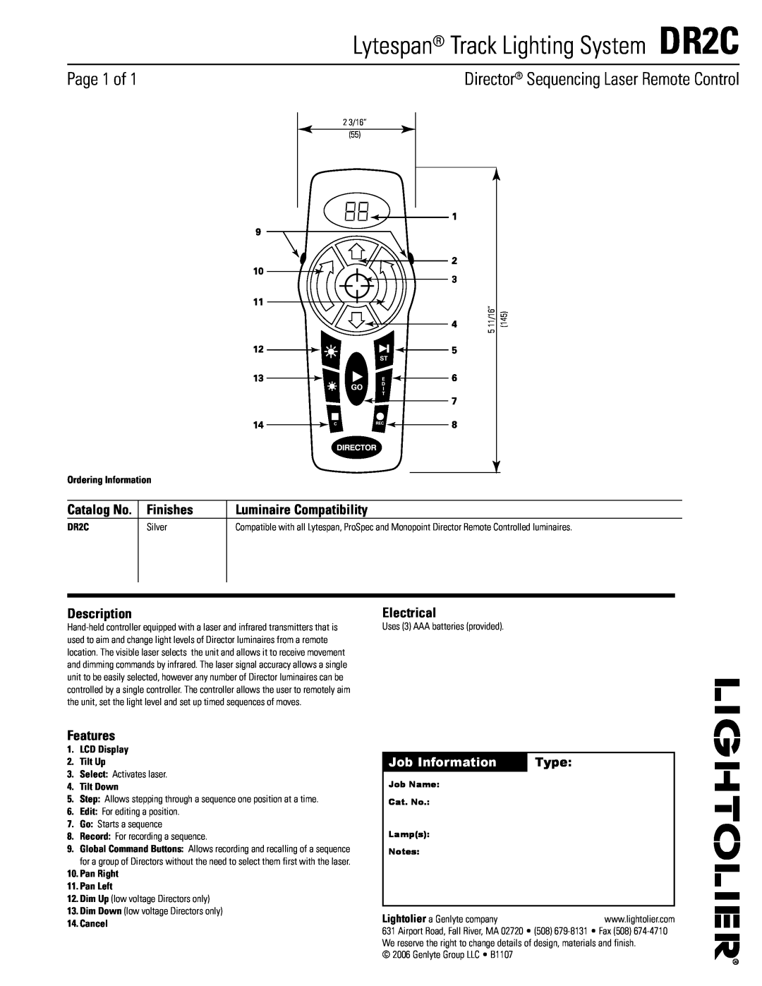 Lightolier DR2C manual Lytespan Track Lighting System dr2c, Page 1 of, Director Sequencing Laser Remote Control, Finishes 
