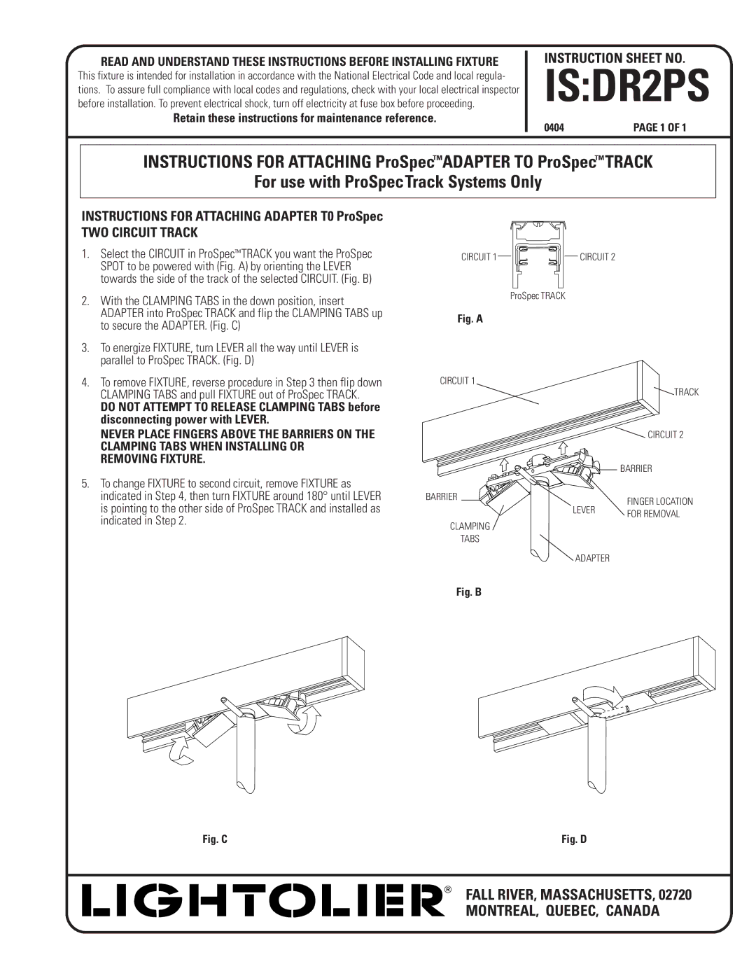 Lightolier instruction sheet ISDR2PS, For use with ProSpecTrack Systems Only, Instruction Sheet no, TWO Circuit Track 