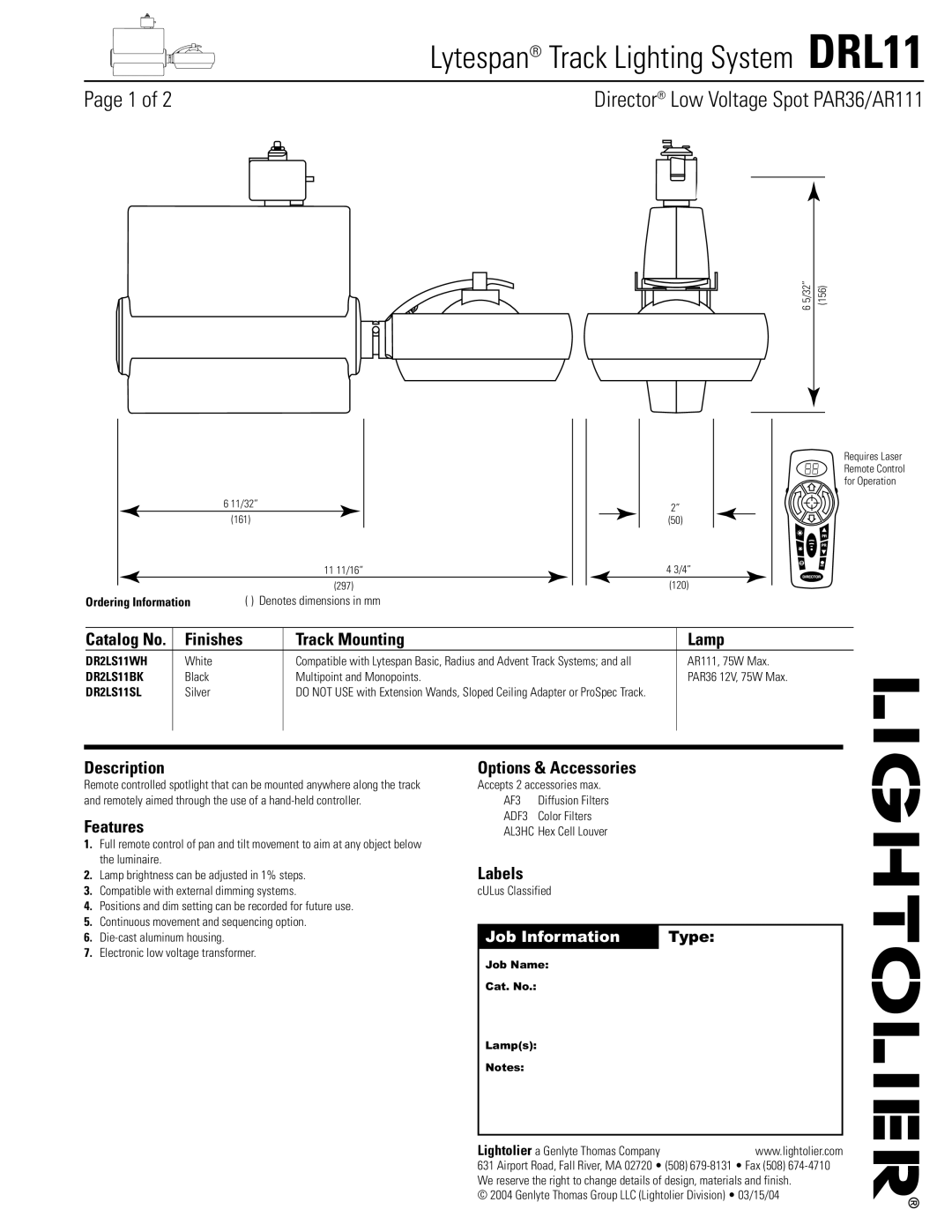 Lightolier DRL11 dimensions Finishes Track Mounting Lamp, Description, Features, Options & Accessories, Labels 