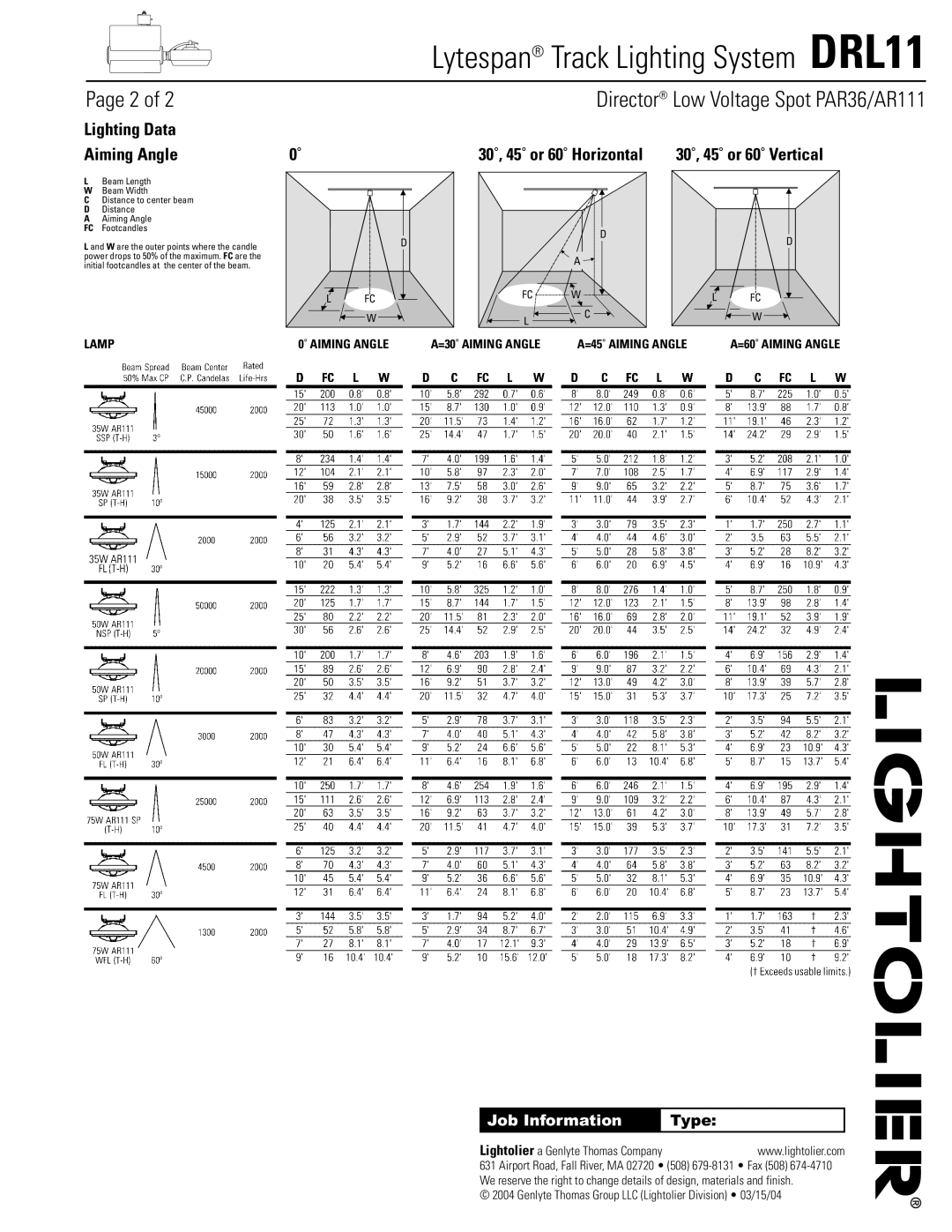 Lightolier DRL11 dimensions Lighting Data Aiming Angle, 30˚, 45˚ or 60˚ Horizontal 