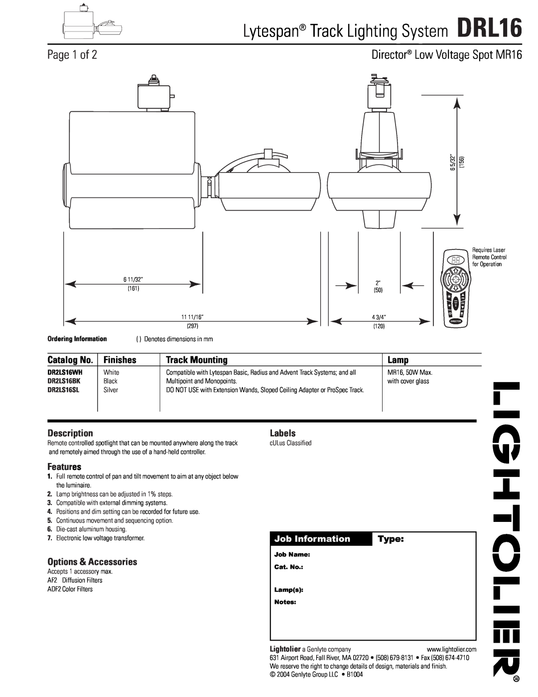 Lightolier DRL16 dimensions Page 1 of, Director, Finishes, Track Mounting, Lamp, Description, Features, Labels, Catalog No 