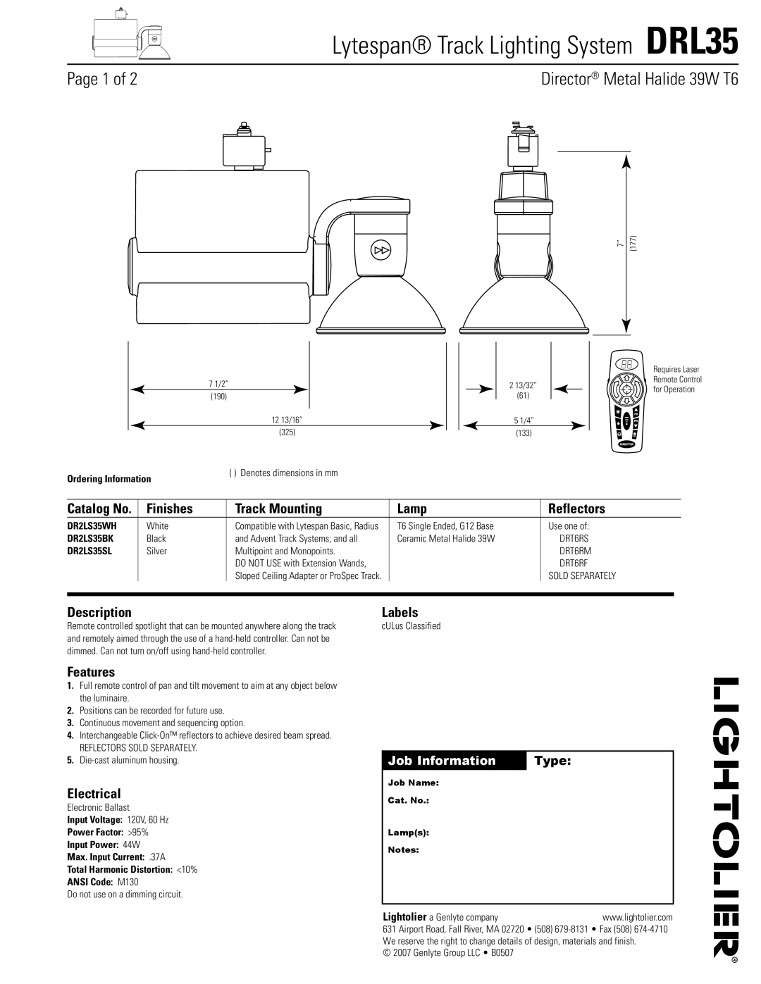 Lightolier DRL35 dimensions Finishes Track Mounting Lamp Reflectors, Description, Features, Electrical, Labels 