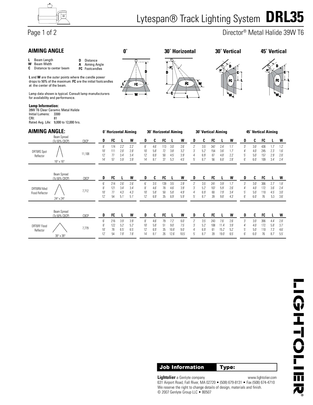 Lightolier DRL35 dimensions Director, Aiming Angle 30˚ Horizontal, 45˚ Vertical, Lamp Information 