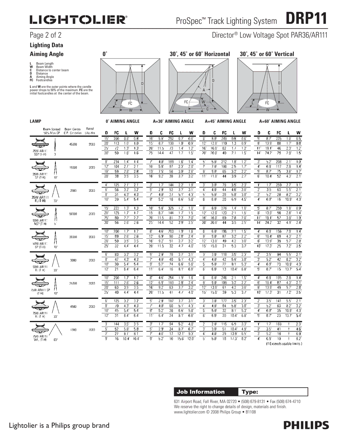 Lightolier Director Low Voltage Spot PAR36/AR111, ProSpec Track Lighting System DRP11, Lighting Data Aiming Angle 