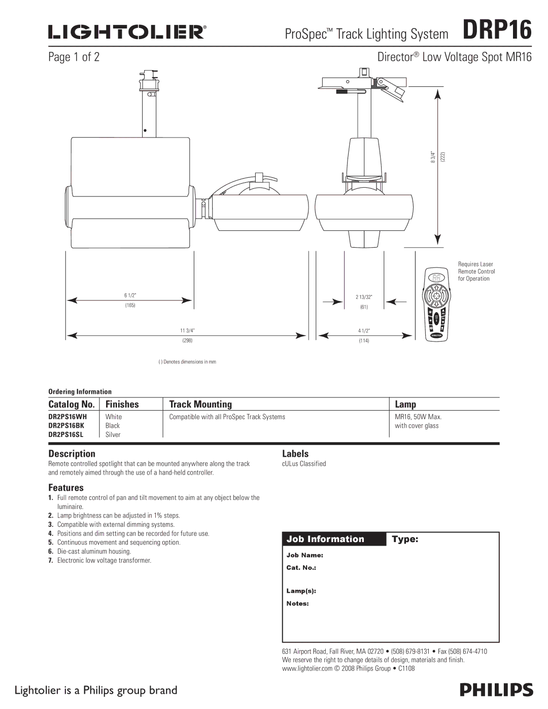 Lightolier DRP16 dimensions Finishes Track Mounting Lamp, Description Labels, Features 