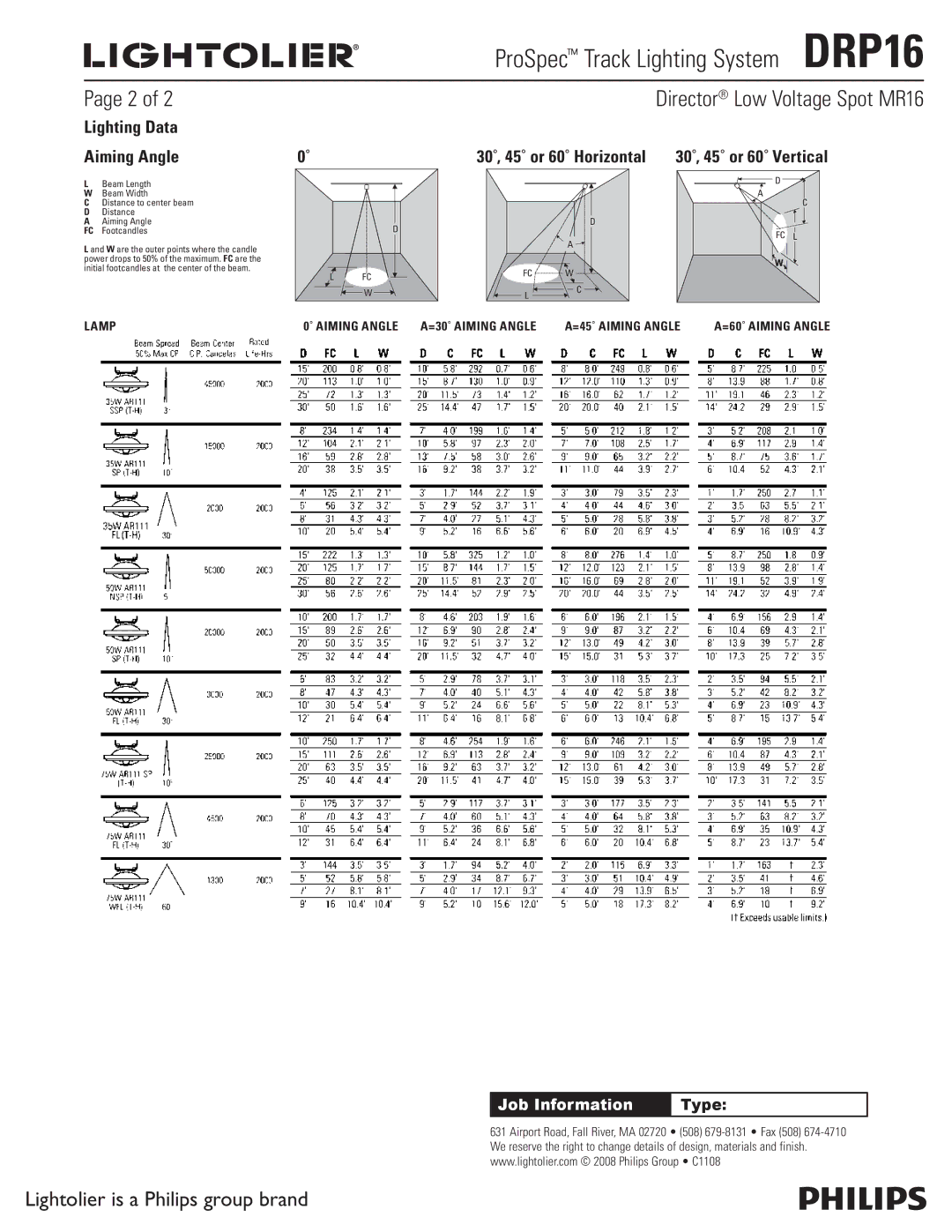 Lightolier DRP16 dimensions Director Low Voltage Spot MR16, Lighting Data Aiming Angle 