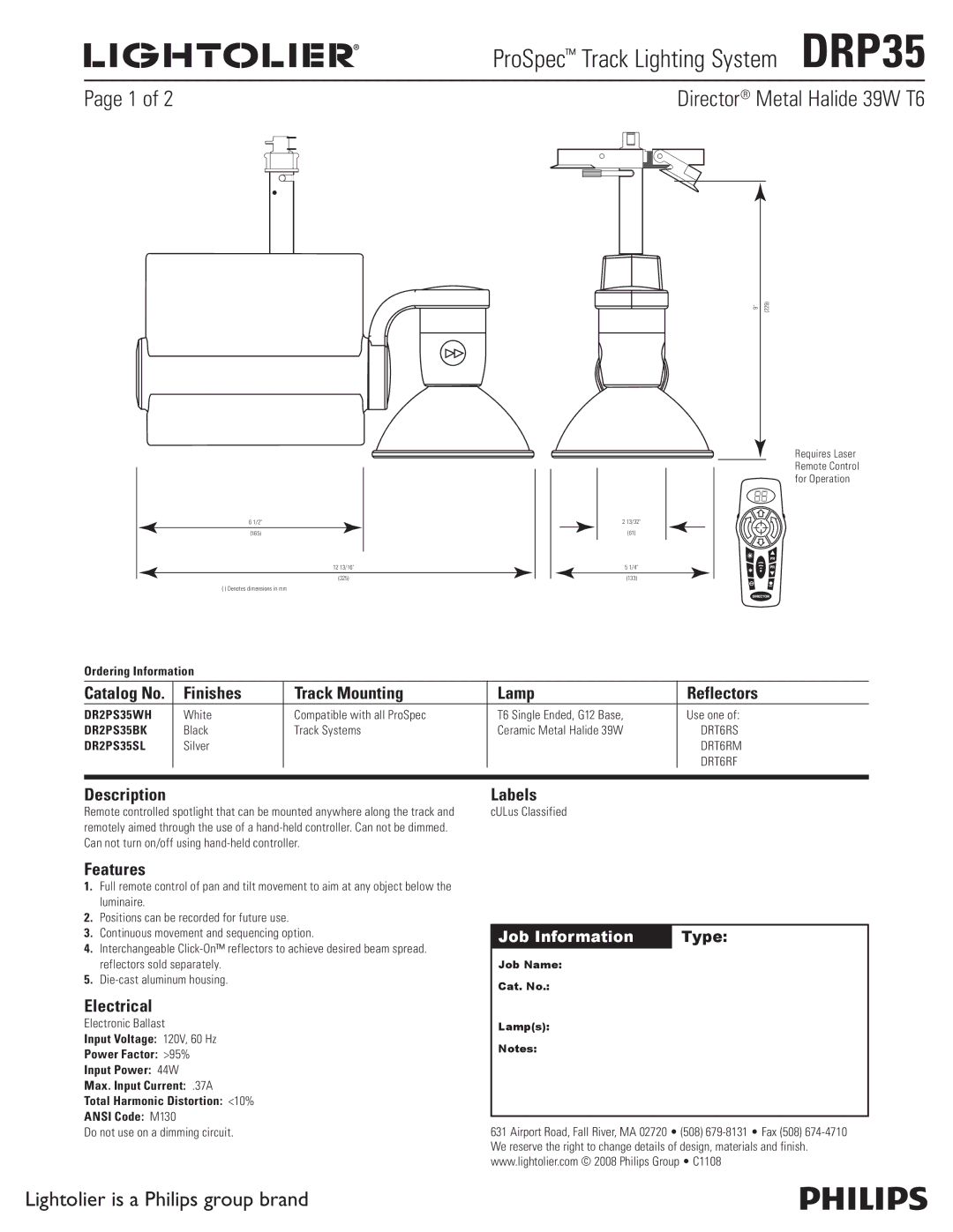 Lightolier DRP35 dimensions Finishes Track Mounting Lamp Reflectors, Description Labels, Features, Electrical 