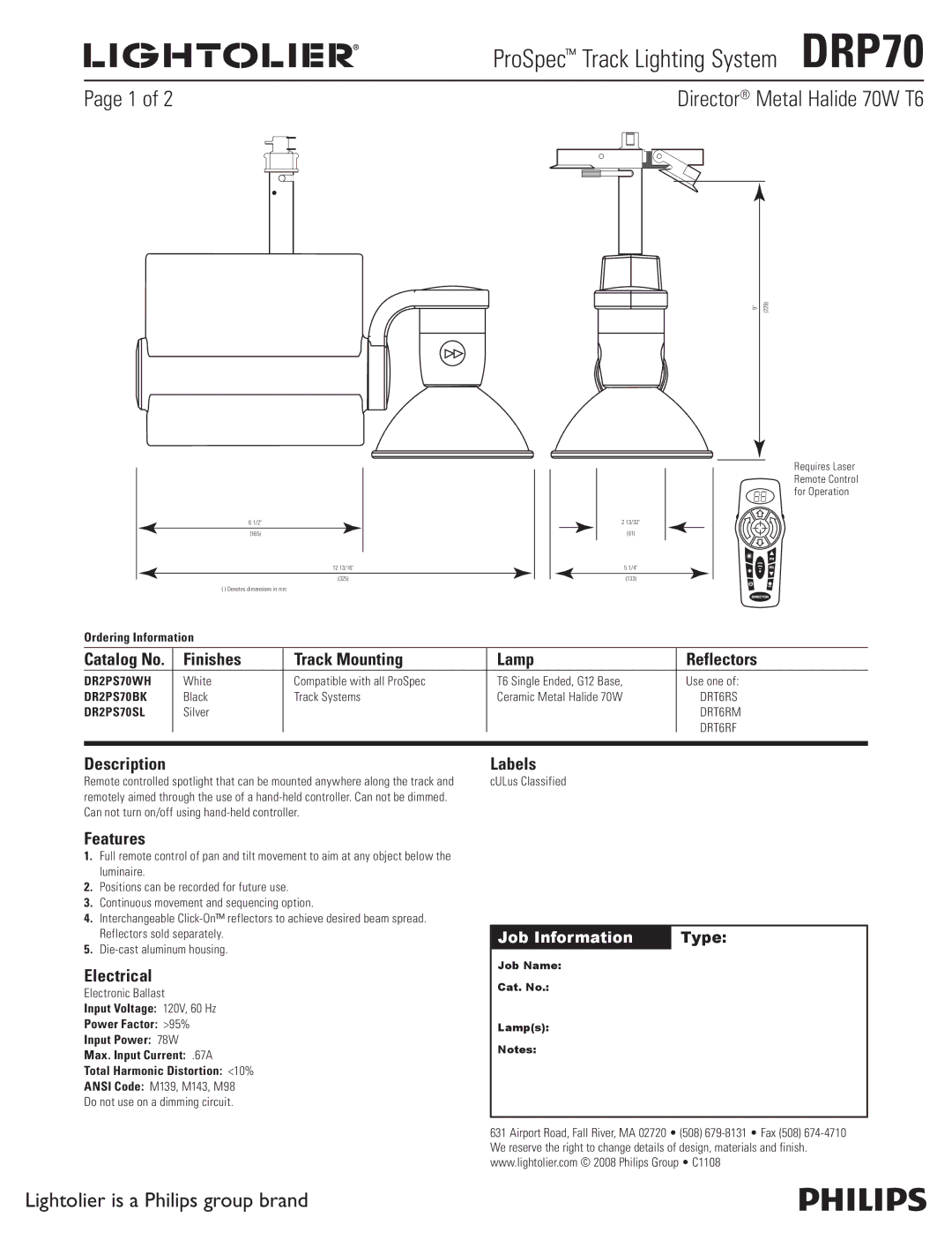 Lightolier DRP70 dimensions Finishes Track Mounting Lamp Reflectors, Description Labels, Features, Electrical 