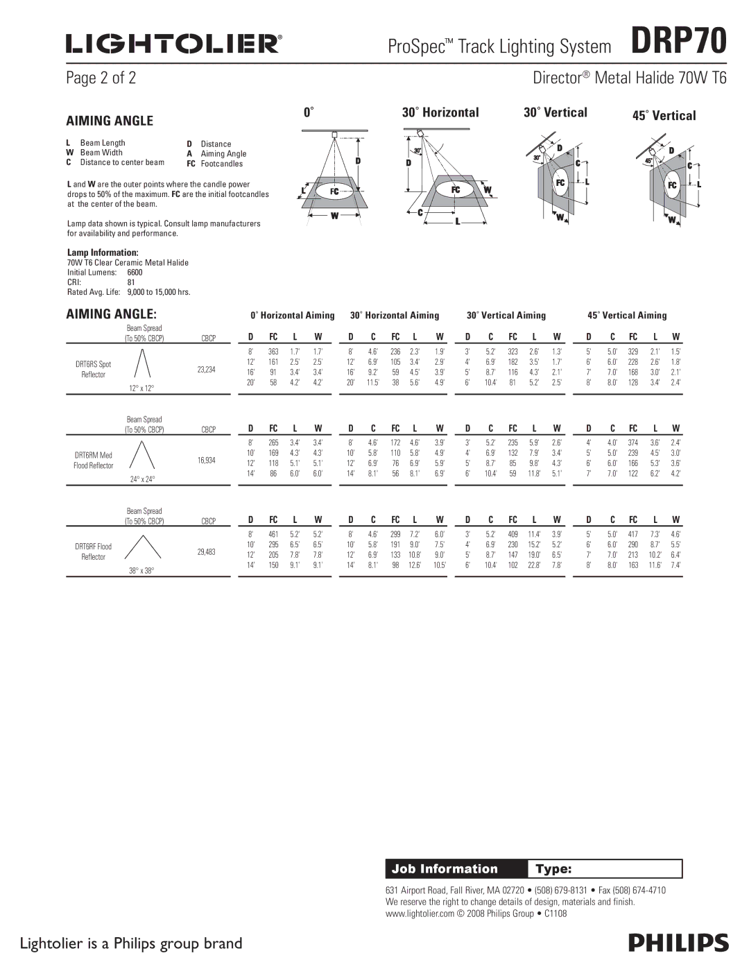 Lightolier DRP70 dimensions Director Metal Halide 70W T6, 30˚ Horizontal 30˚ Vertical 45˚ Vertical 