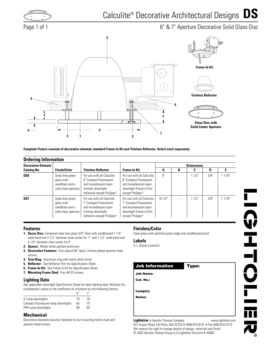 Lightolier specifications Calculite Decorative Architectural Designs DS, Aperture Decorative Solid Glass Disc 