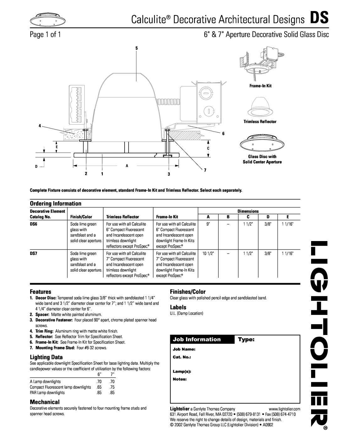 Lightolier specifications Calculite Decorative Architectural Designs DS, Page 1 of, Ordering Information, Features 