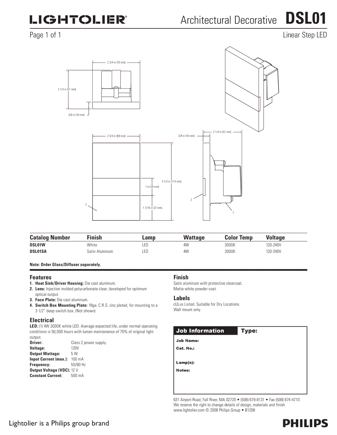 Lightolier manual Architectural Decorative DSL01, Linear Step LED 