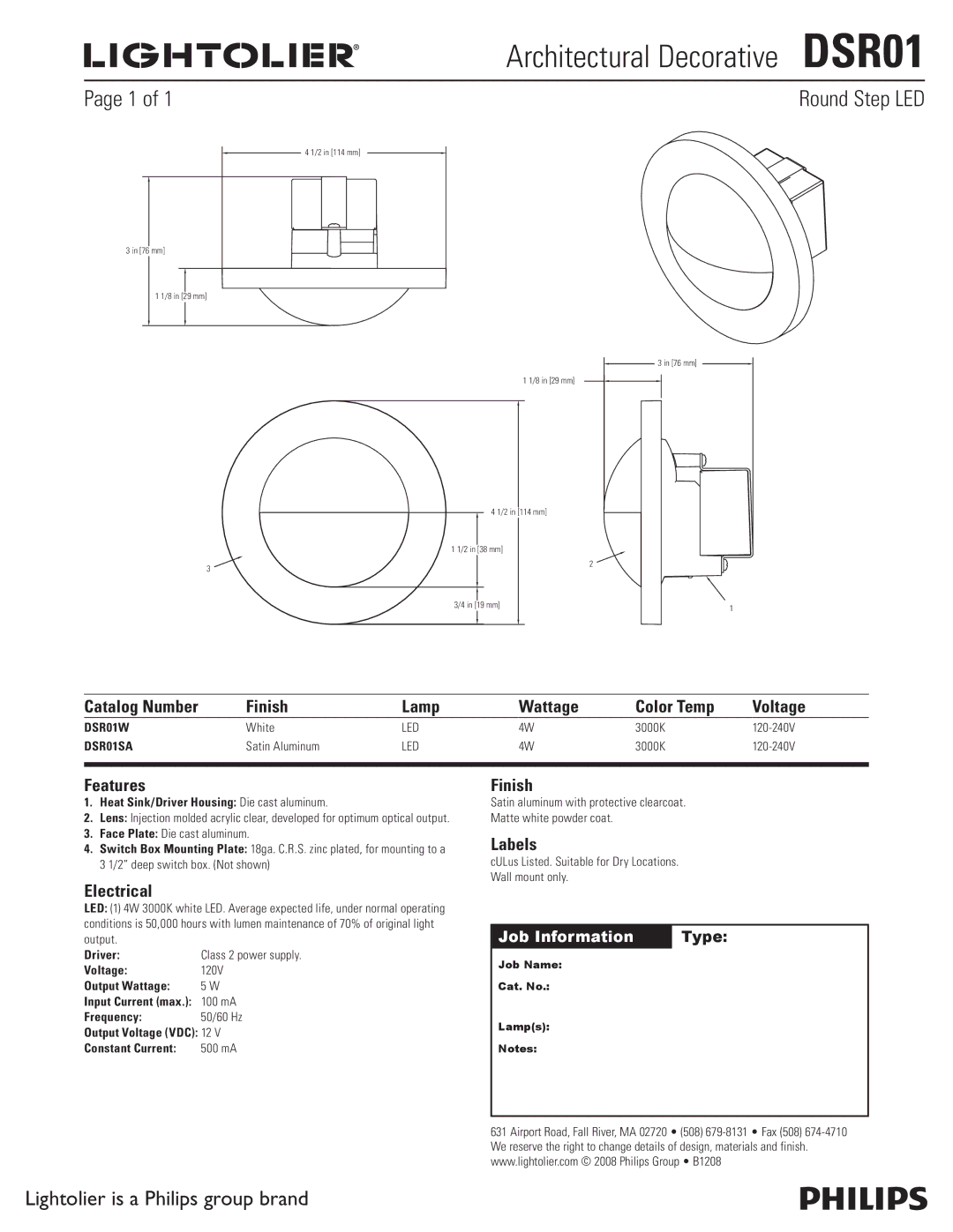 Lightolier manual Architectural Decorative DSR01, Catalog Number Finish Lamp Wattage Color Temp Voltage, Features 