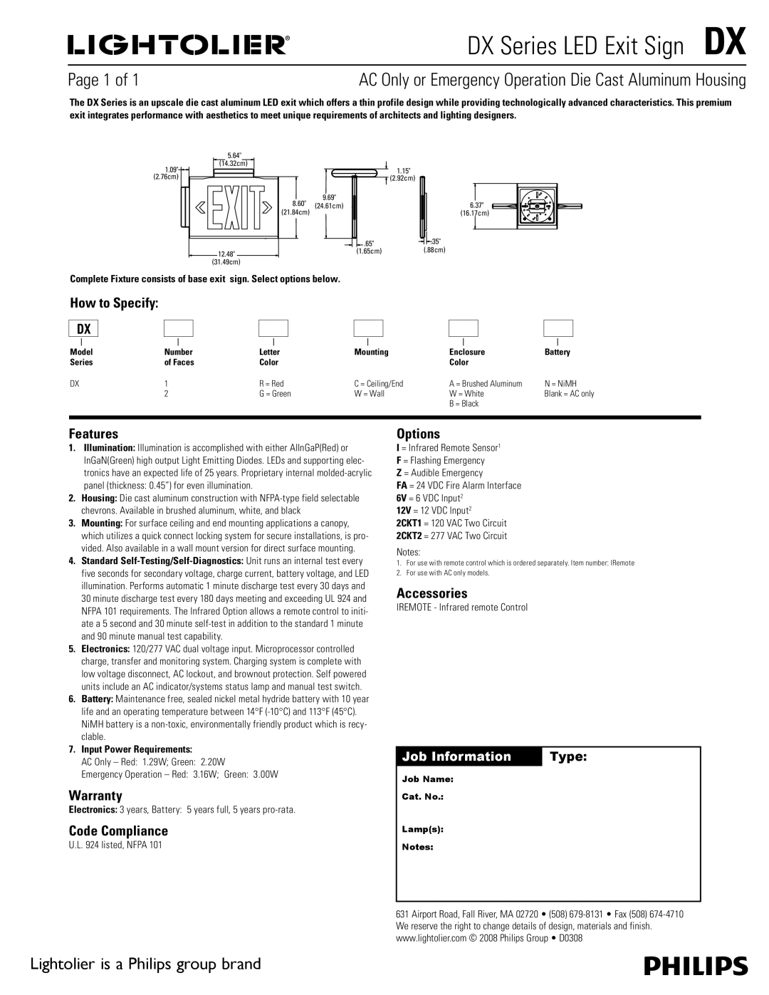 Lightolier warranty DX Series LED Exit Sign DX, Lightolier is a Philips group brand 