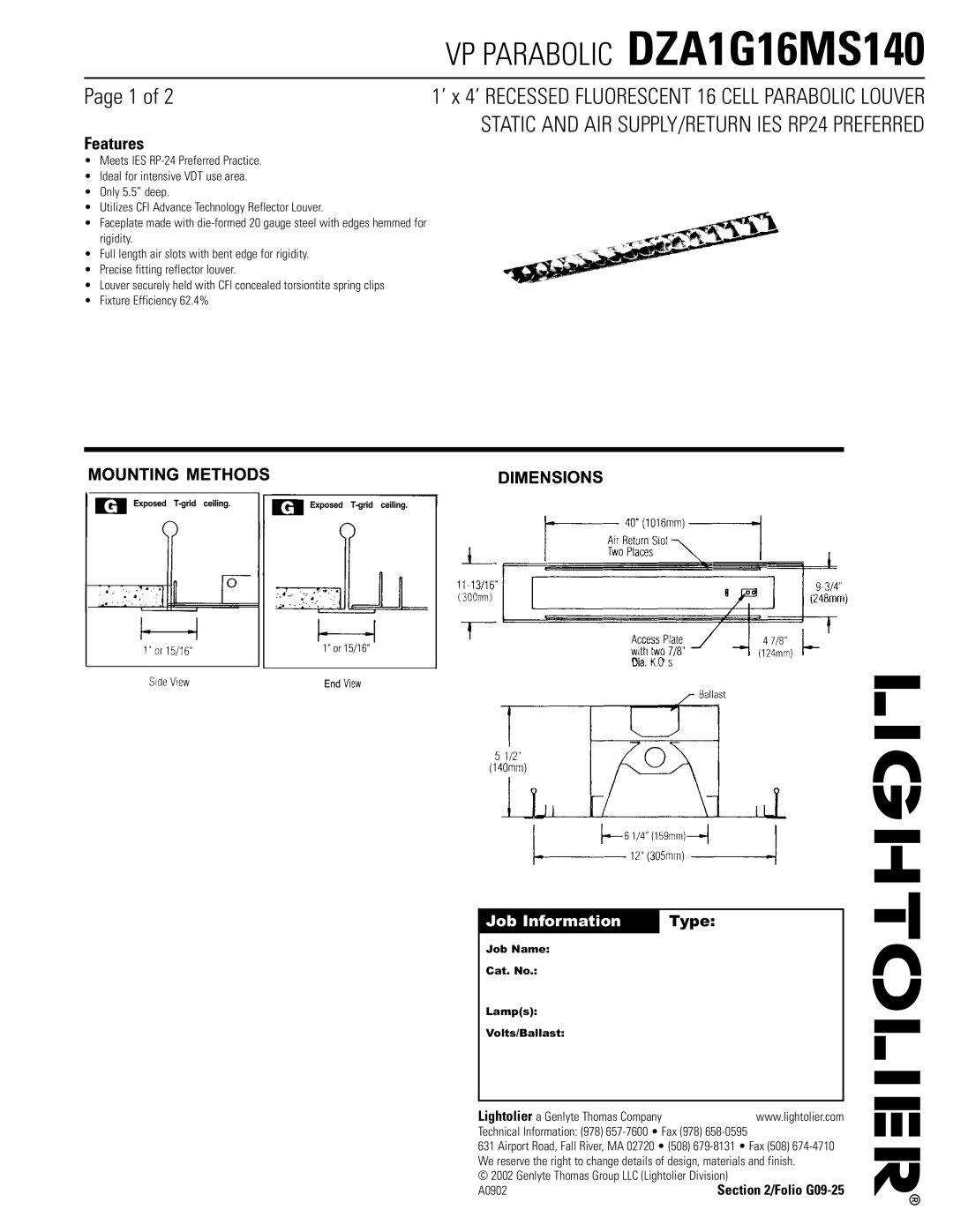 Lightolier manual VP Parabolic DZA1G16MS140, Features, Static and AIR SUPPLY/RETURN IES RP24 Preferred 