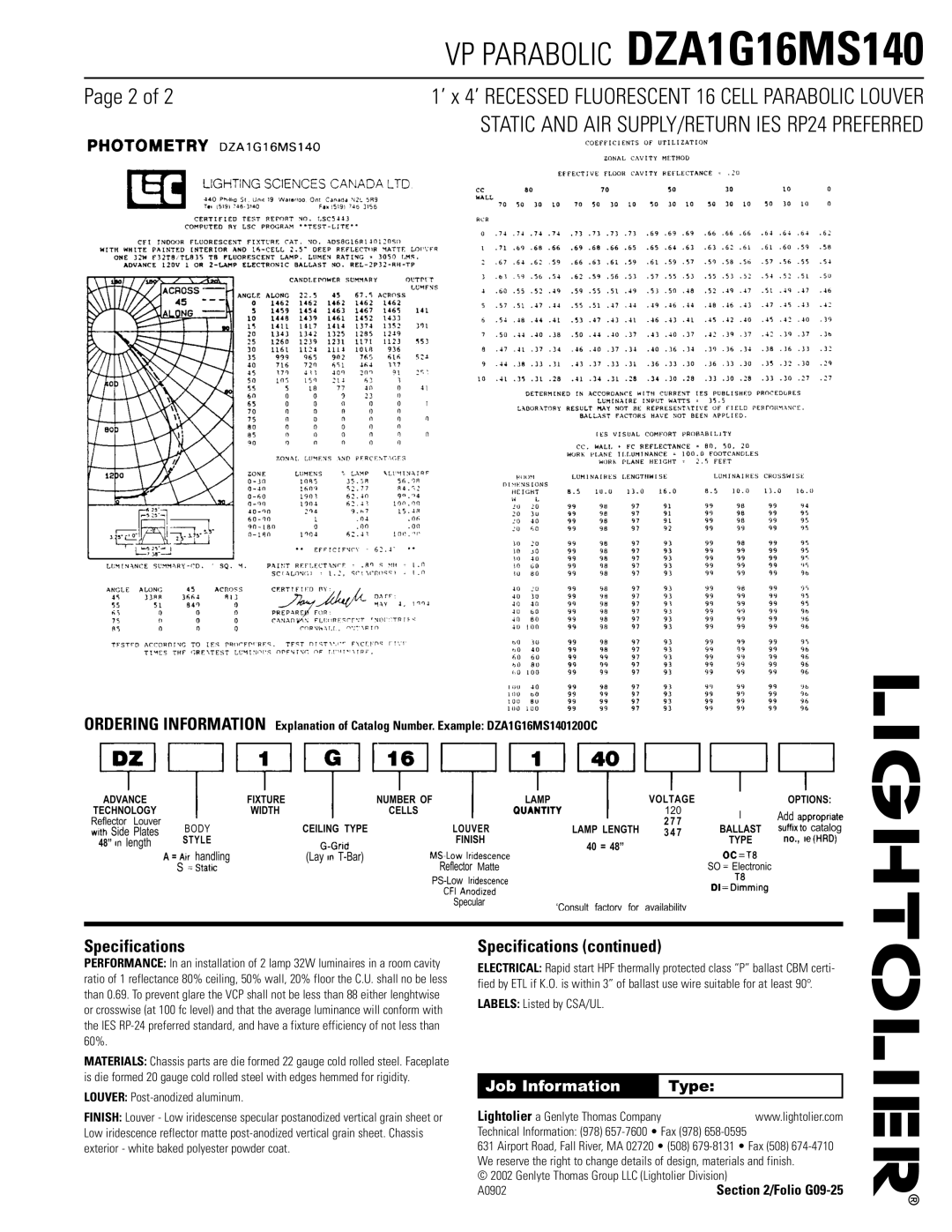 Lightolier DZA1G16MS140 manual Specifications 