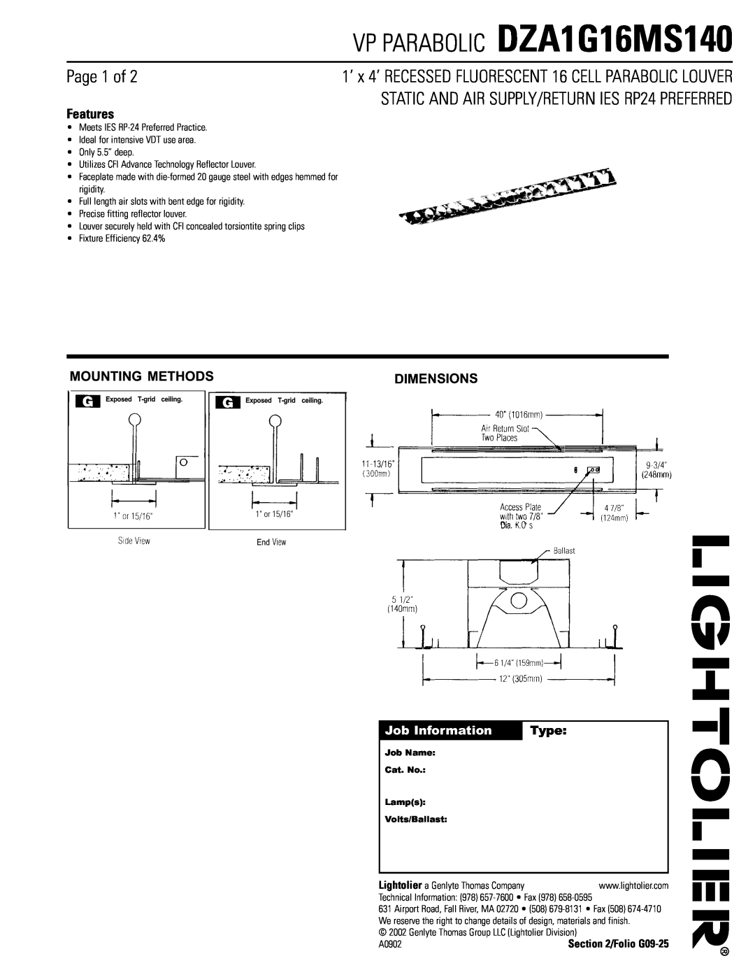 Lightolier manual VP PARABOLIC DZA1G16MS140, Page 1 of, Features, STATIC AND AIR SUPPLY/RETURN IES RP24 PREFERRED, Type 